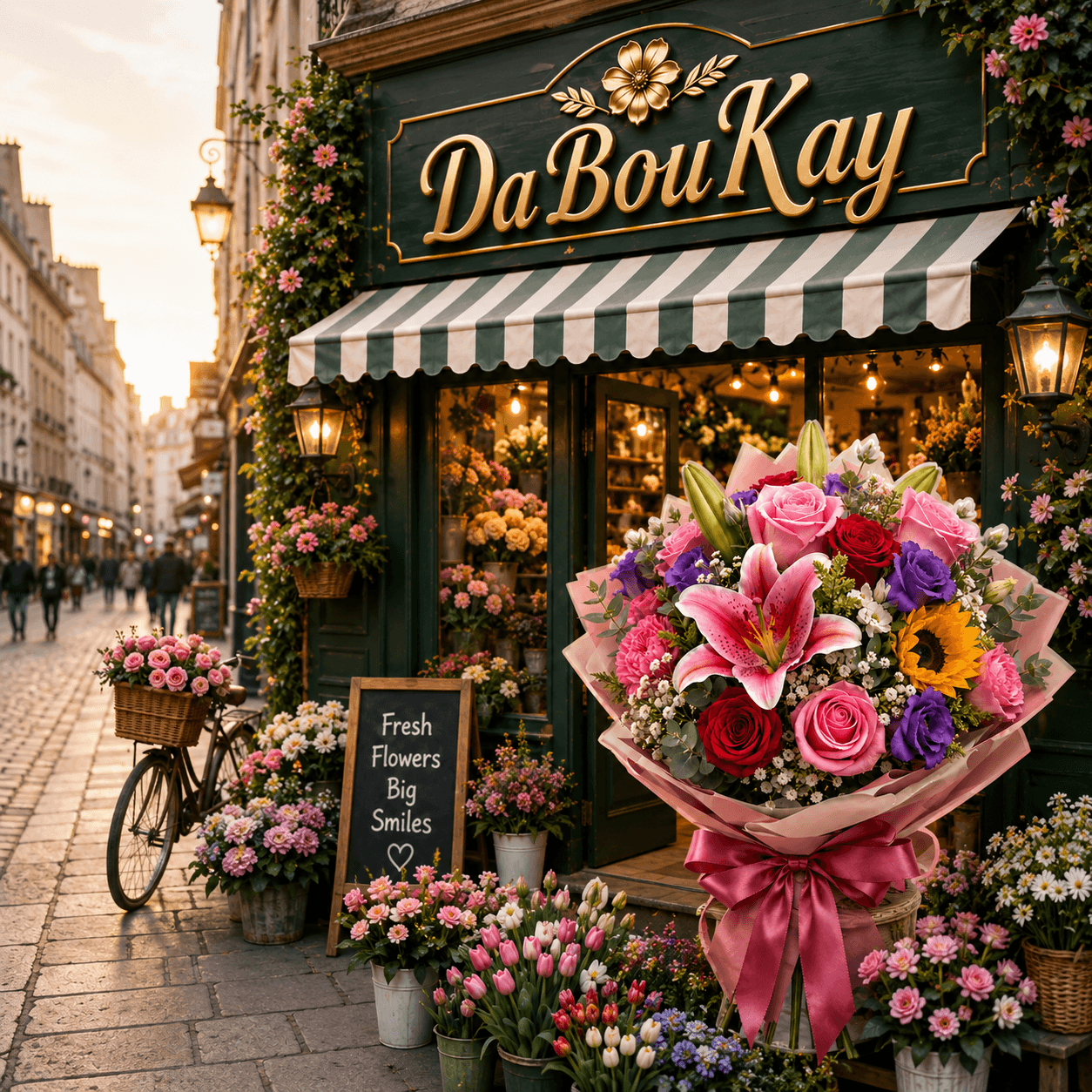 A beautiful DaBouKay flower shop with vibrant arrangements